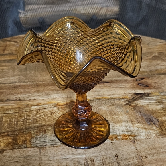 Indiana Glass Fluted Compote Diamond Point Candy Dish Amber Pedestal Ball Stem - Picture 7 of 11